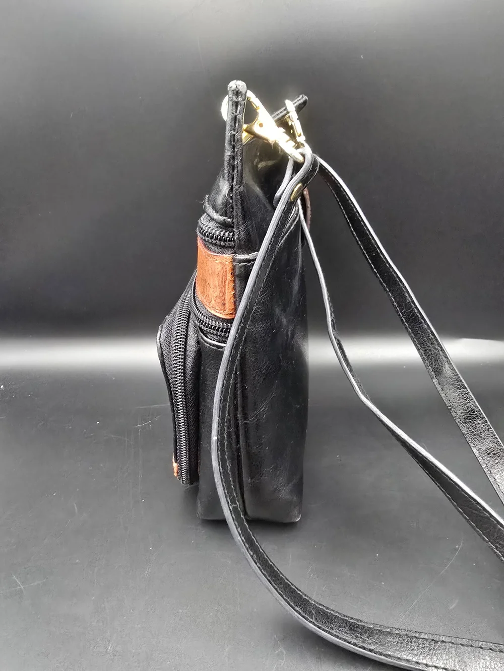Two-Tone Black & Brown Crossbody Organizer with Gold Hardware